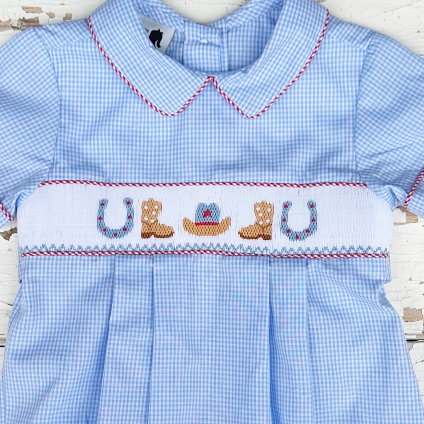 Hand Smocked Cowboy Boots Bubble Blue Gingham