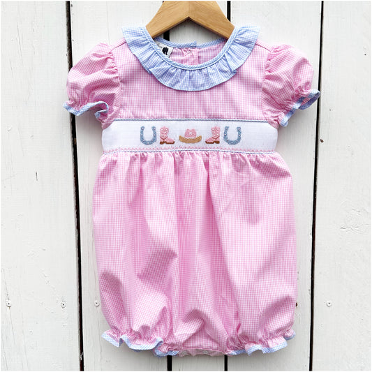 Smocked Cowgirl Boots Bubble Romper Outfit