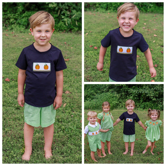 Boys Smocked Pumpkin Shirt and Gingham Shorts Set