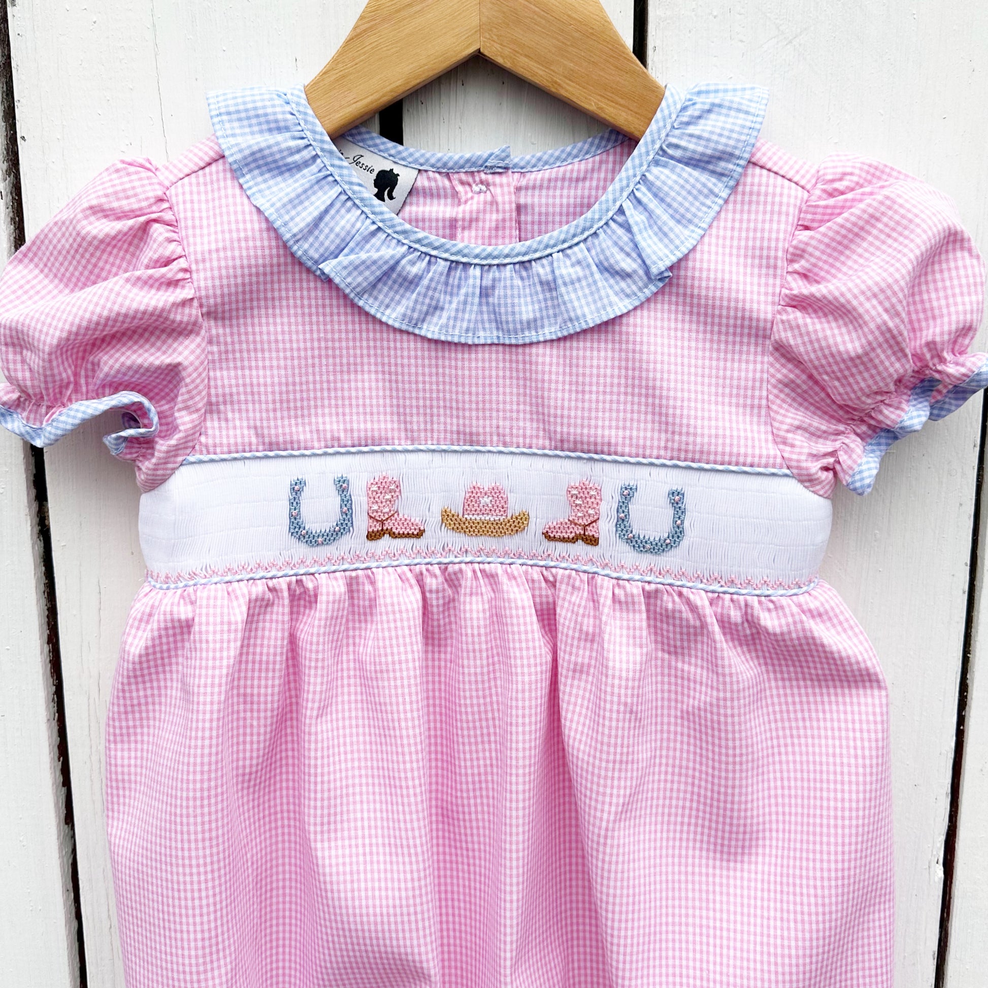 Hand smocked cowgirl bubble pink gingham ruffles