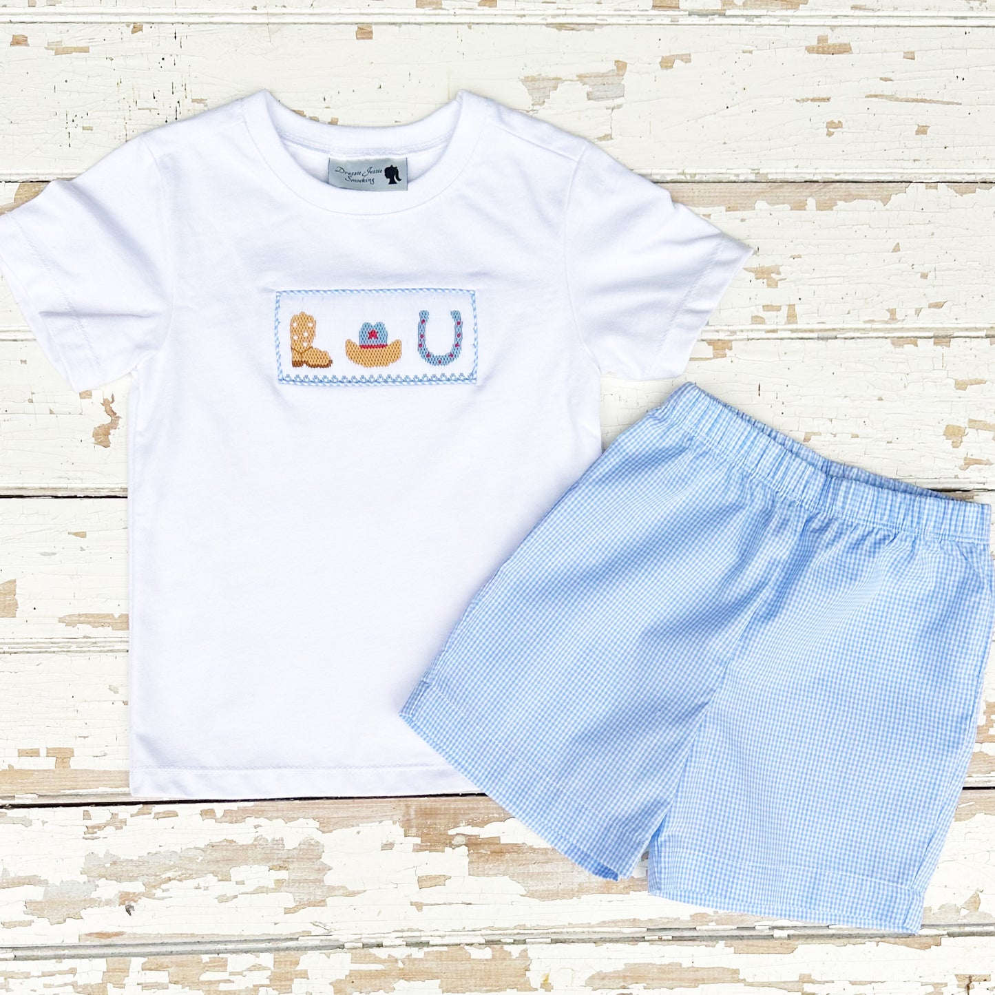 Boys Smocked Cowboy Shirt and Blue Gingham Shorts Set