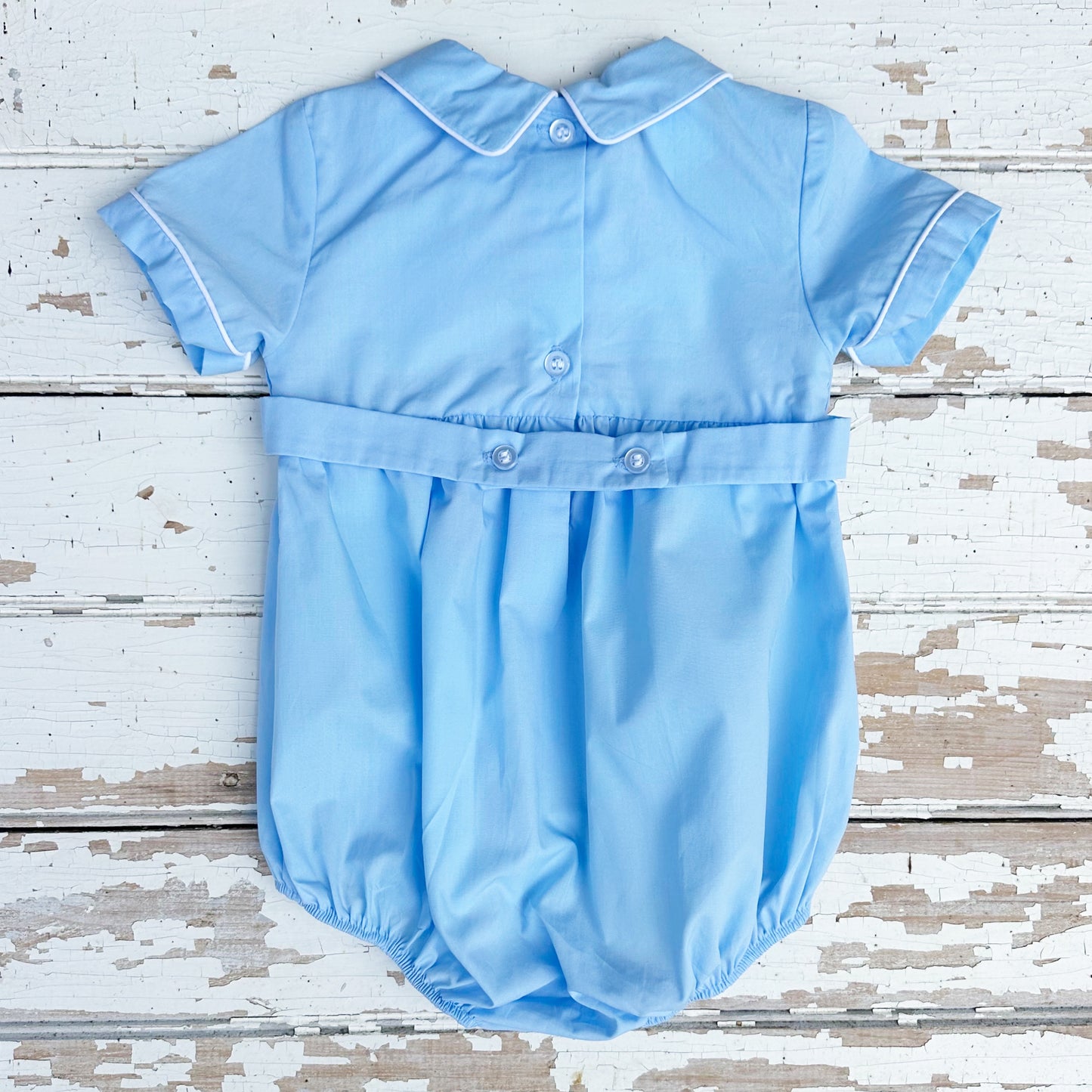 Boys Blue Bubble with Collar and Smocked Lambs for Easter Church