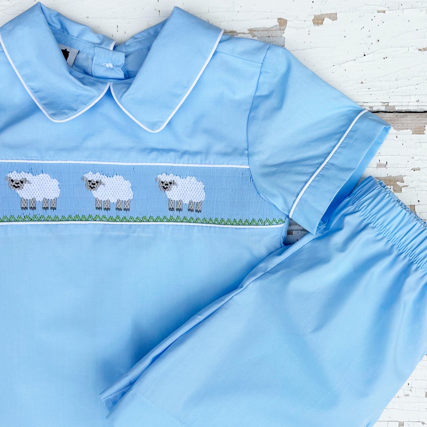 Hand Smocked Lamb Shirt Shorts Set for Boys