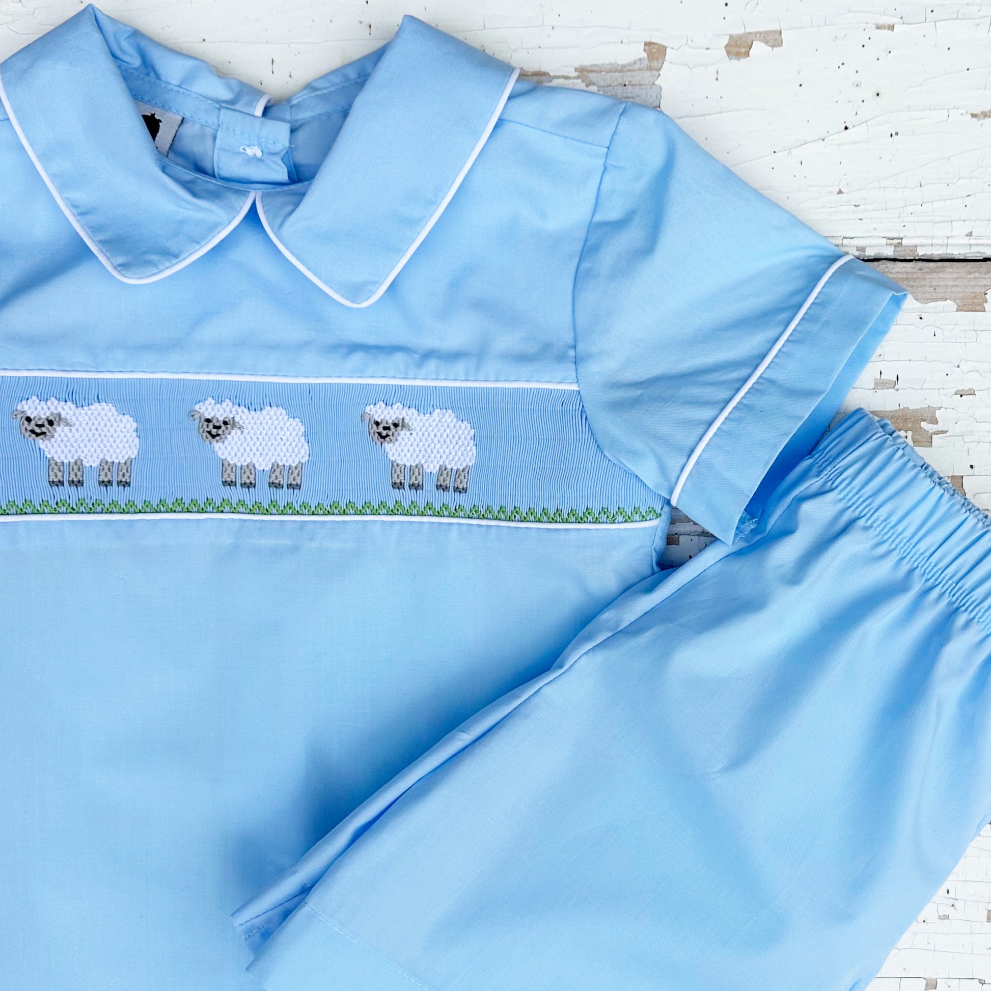 Hand Smocked Lamb Shirt Shorts Set for Boys