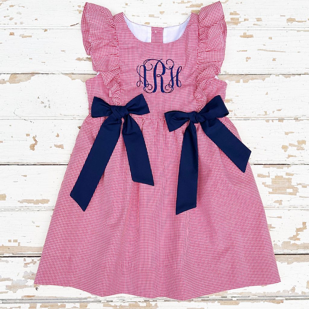 Girls Red Gingham Dress July 4th Monogram