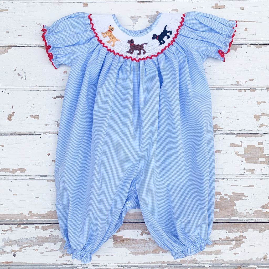 Girls Smocked Lab Puppy Dog Bubble