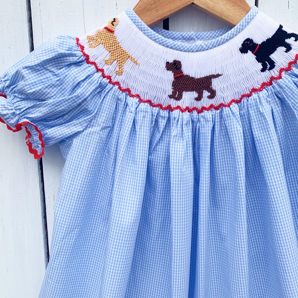 Girls Smocked Chocolate Lab Yellow Lab Black Lab Smocking Bishop Dress