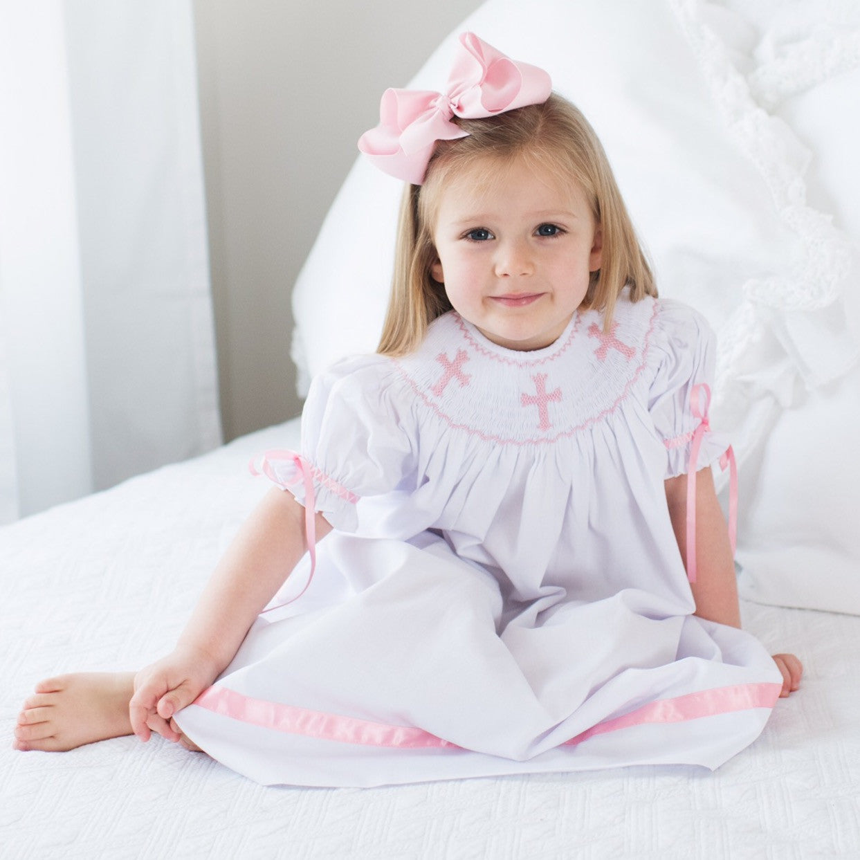 Smocked White Bishop Dress with Pink Cross Smocking 