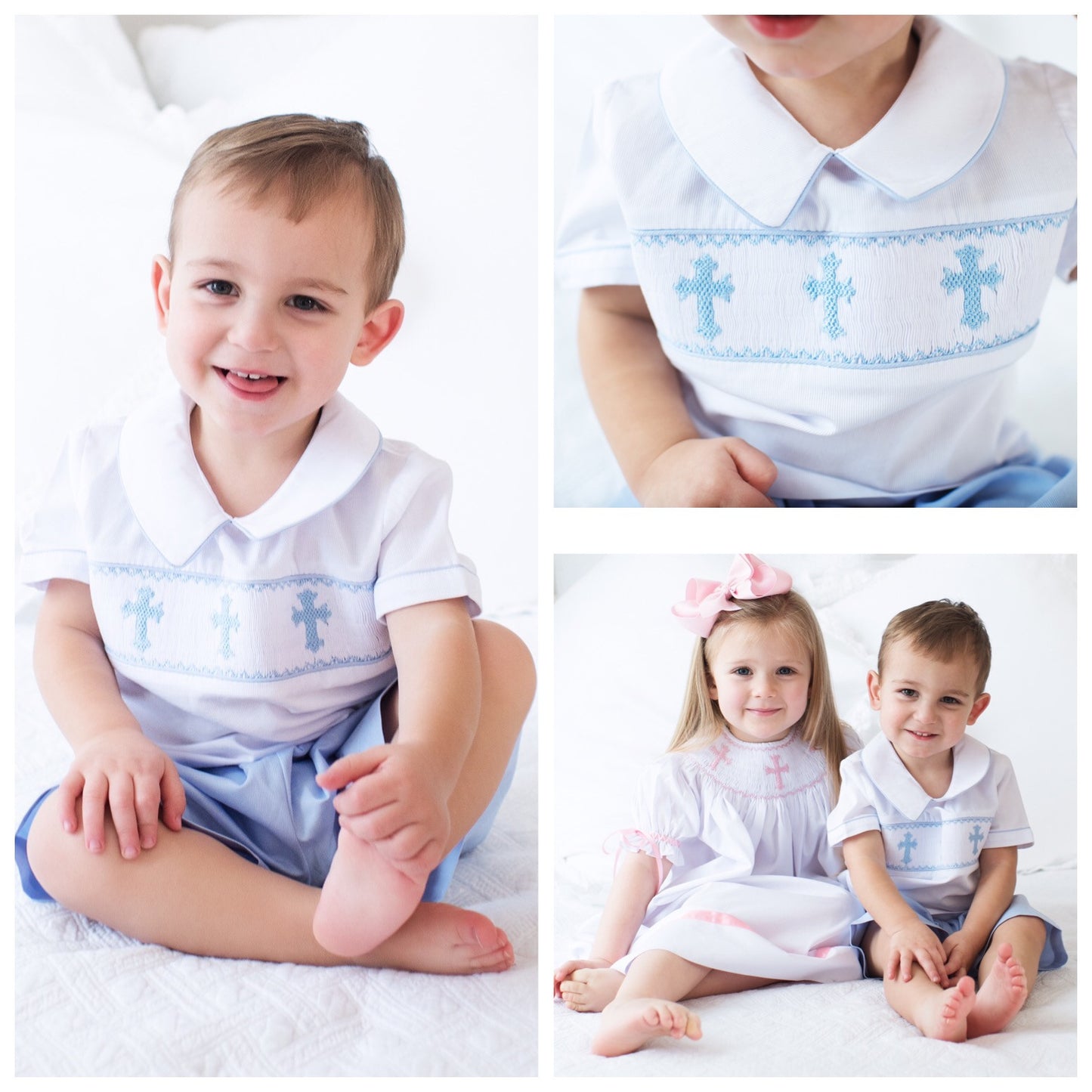 Smocked White and Blue Smocked Cross Easter Shirt Shorts Set