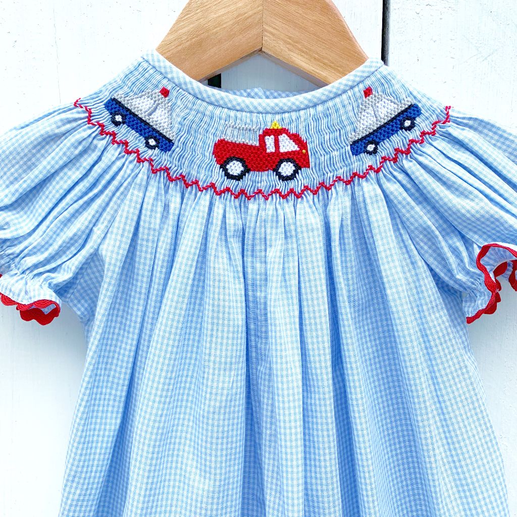 Smocked Fire Truck Bishop Dress