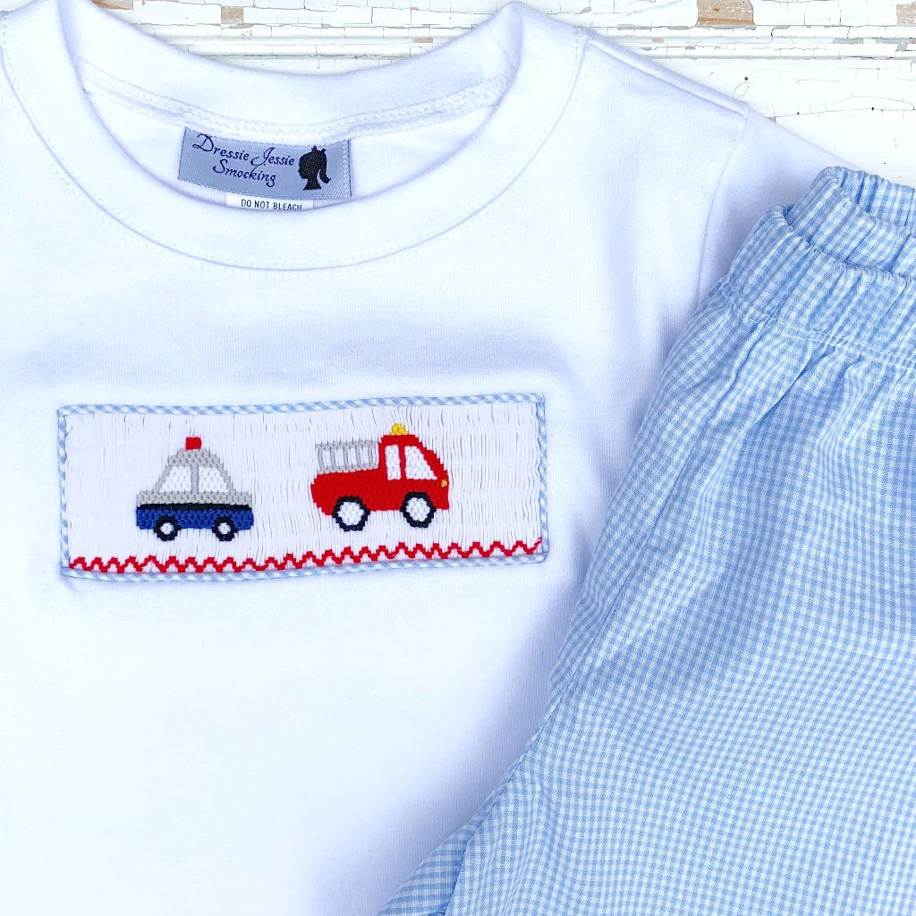 Smocked Police Car and Fire Truck Boys Set Outfit