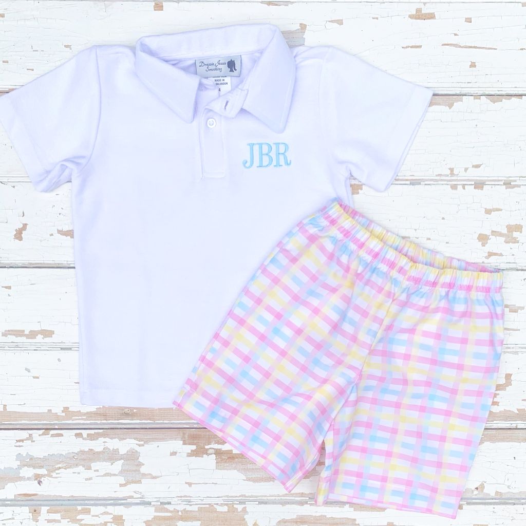 Boys Preppy Plaid Shorts and Monogrammed Polo Shirt Set