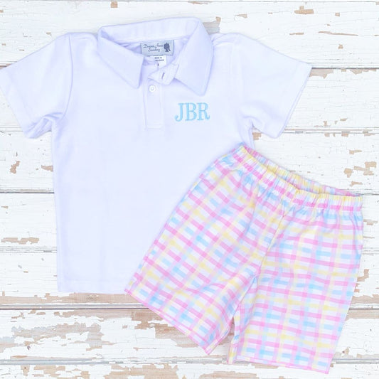 Boys Preppy Plaid Shorts and Monogrammed Polo Shirt Set