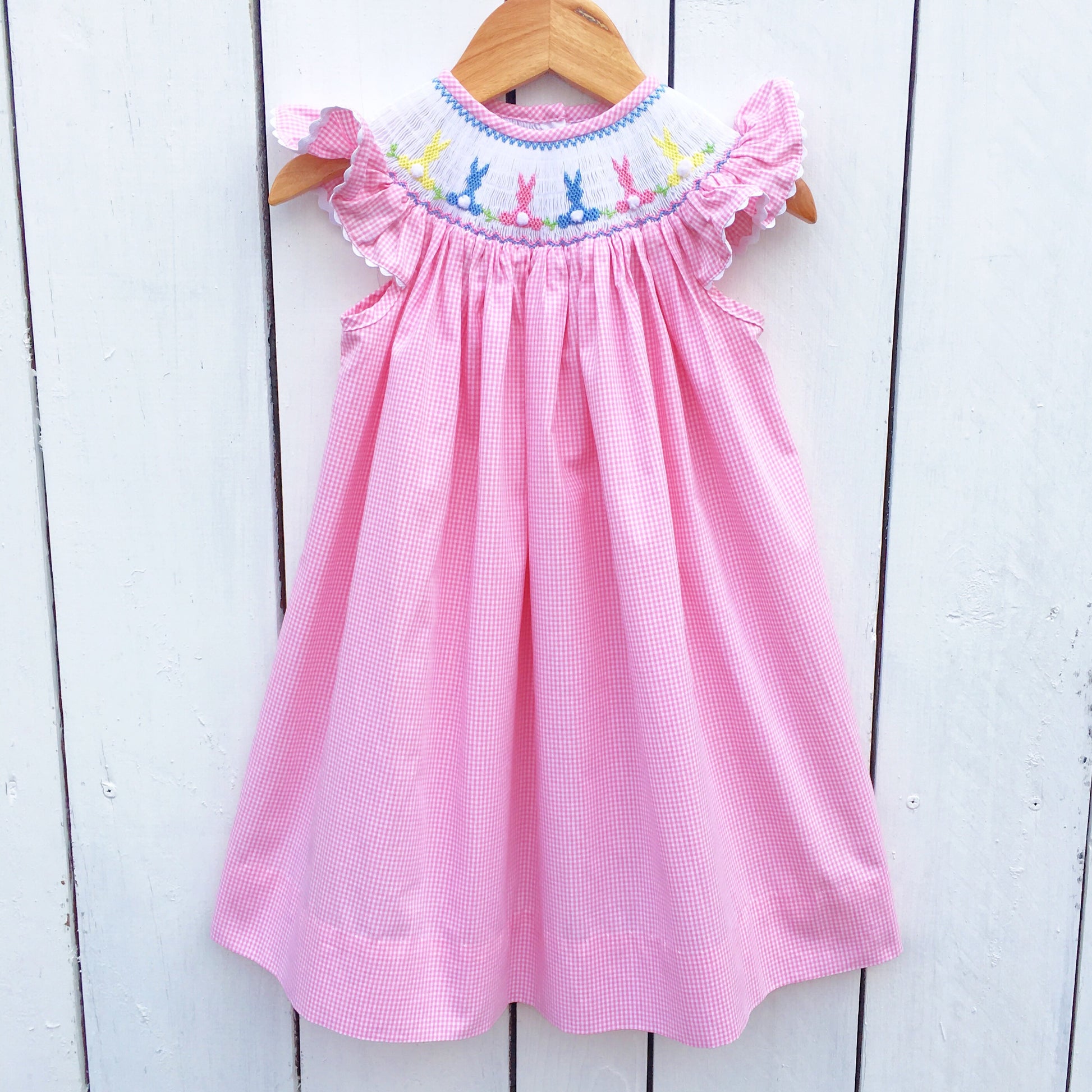 Pink Gingham Smocked Easter Dress Bishop Bunny Smocking