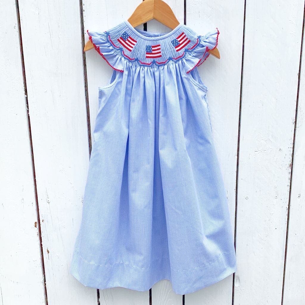 Girls Smocked American Flag Bishop Dress