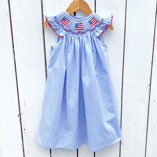 Girls Smocked American Flag Bishop Dress