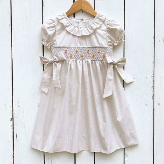 Girls Khaki Gingham Smocked Pumpkin Dress