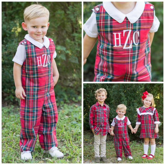 Infant Baby Toddler Boys Tartan Plaid Christmas Longall Monogram