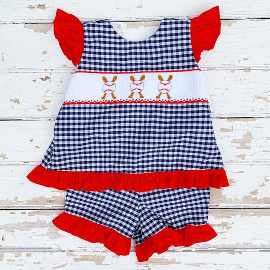 Girls Smocked Baseball Ruffled Short Set 