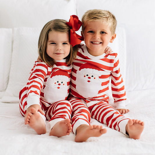 Boutique Red White Stripe Santa Claus Applique Pajamas Boy Girl