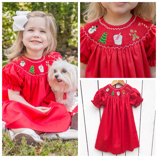 Santa's Milk and Cookies Smocked Christmas Bishop Dress