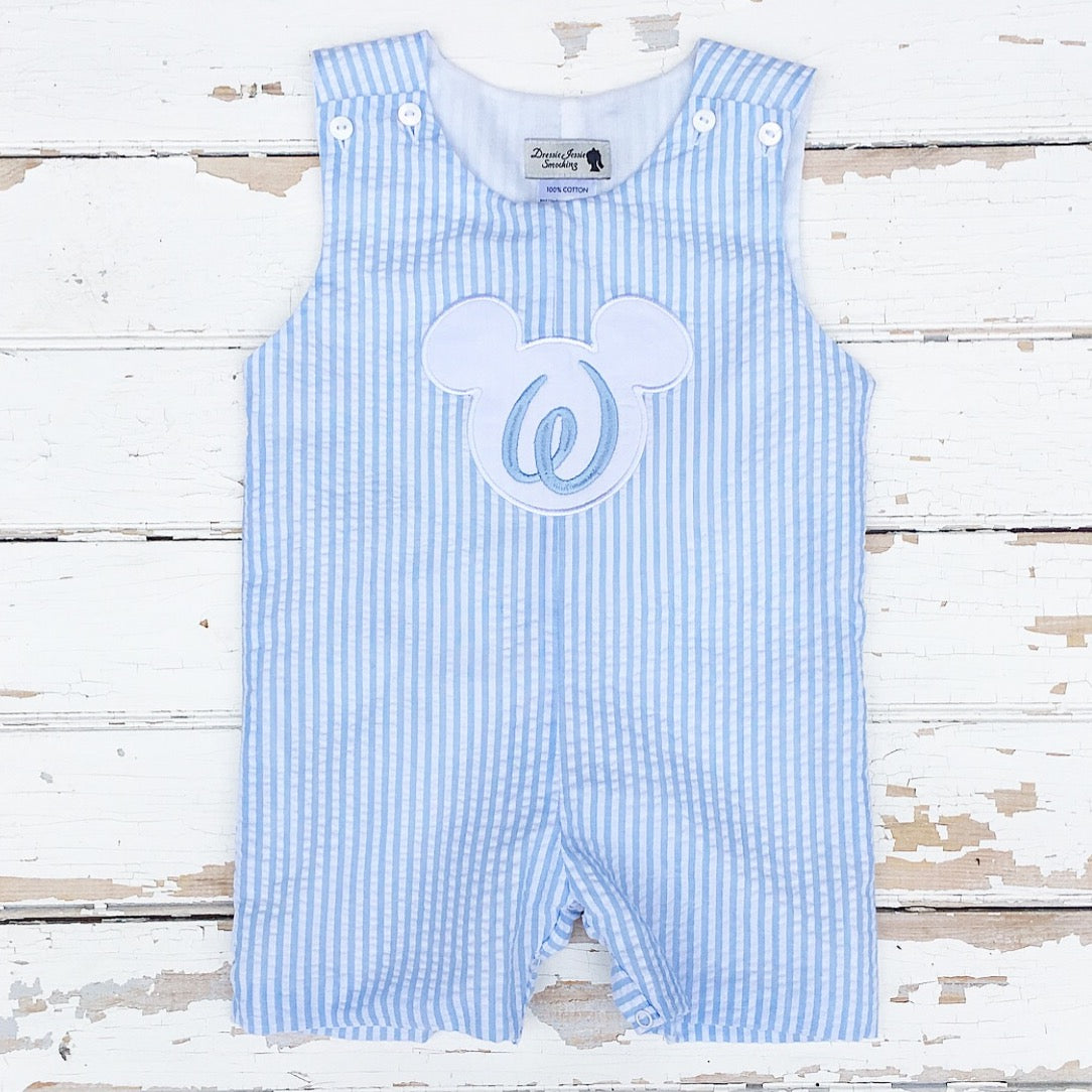 Boys Light Blue Seersucker Monogrammed Disney Mickey Mouse Applique Shortall 