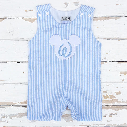 Boys Light Blue Seersucker Monogrammed Disney Mickey Mouse Applique Shortall 