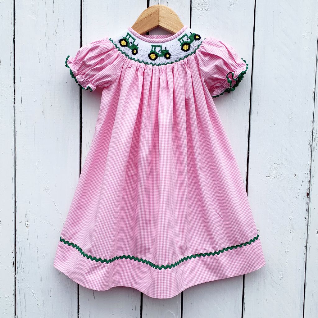 Girls Smocked Tractor Bishop Dress