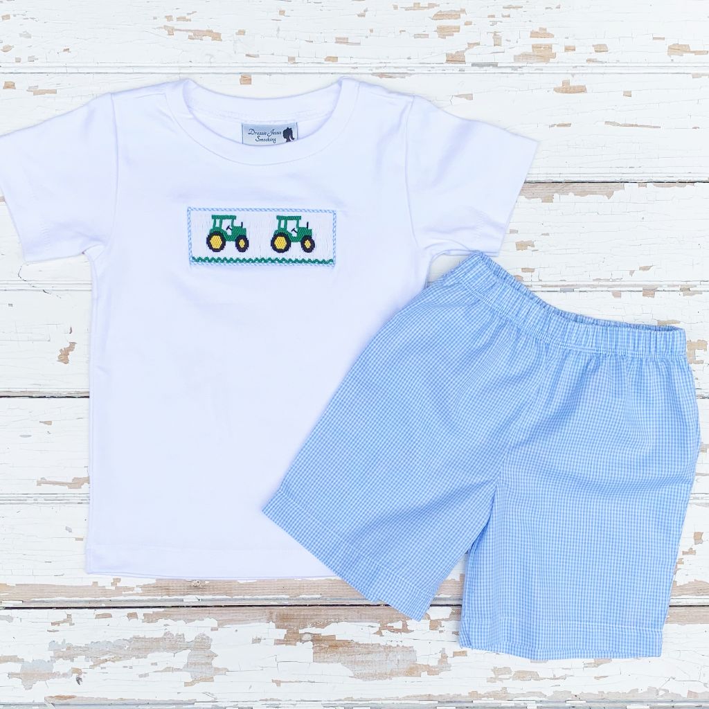 Boys Smocked Clothing Smocked Tractor Shirt and Short Set