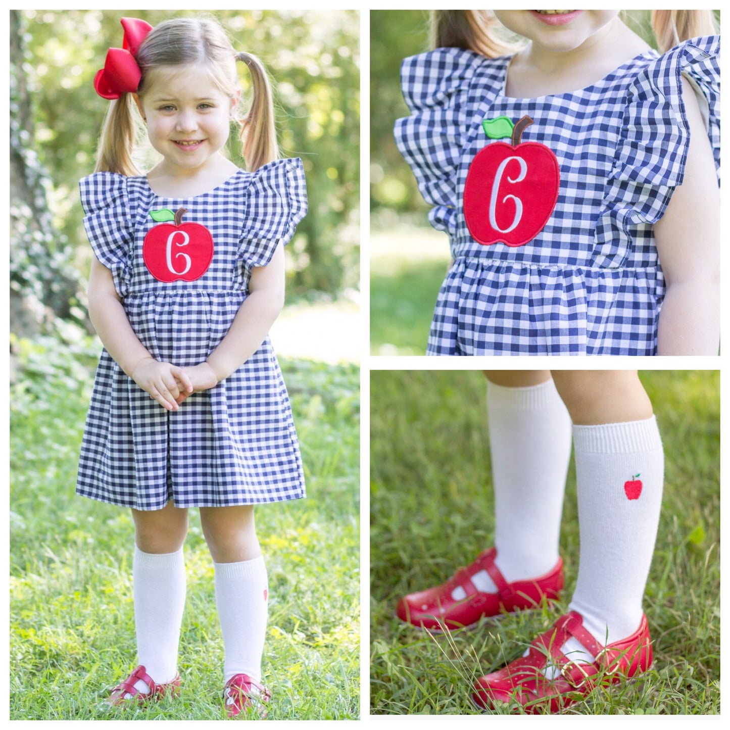 Blue Gingham Apple Monogram Back to School Dress