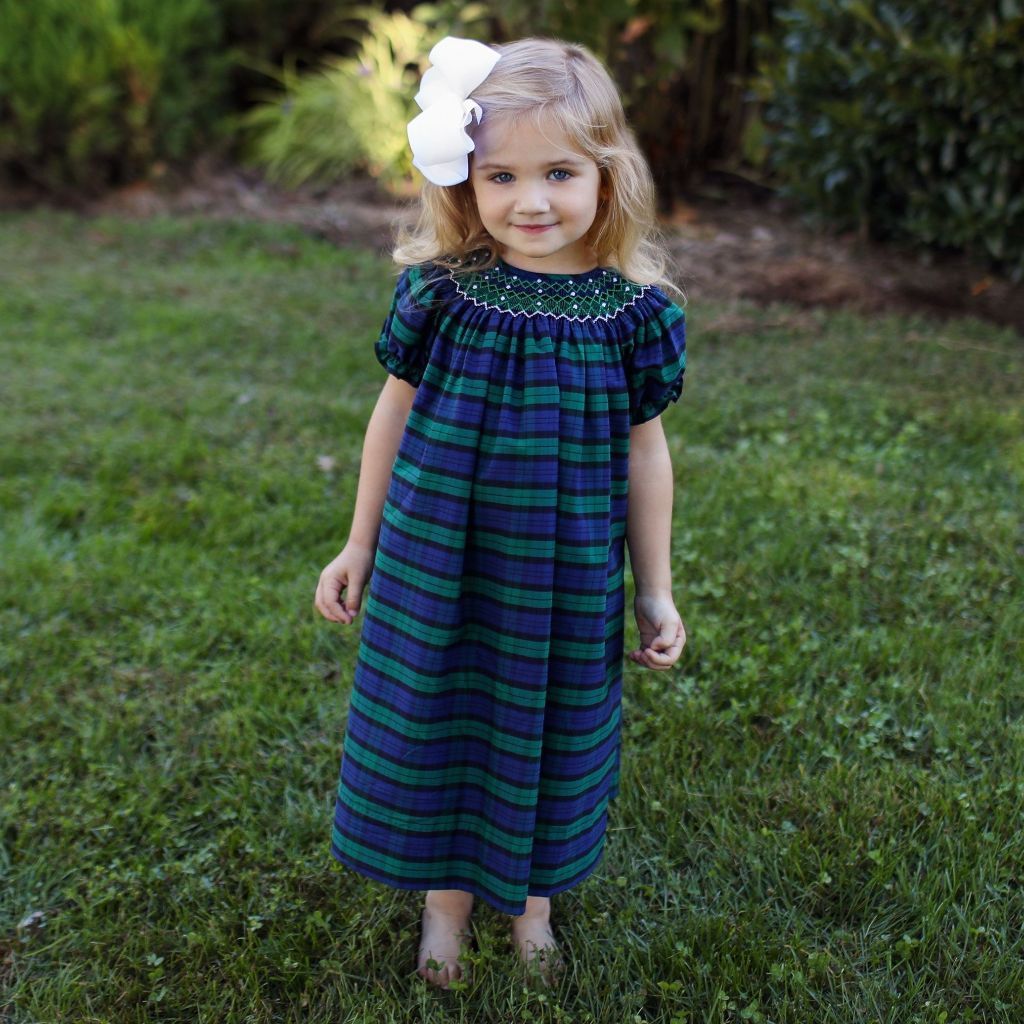 Girls Christmas Plaid Smocked Bishop Dress