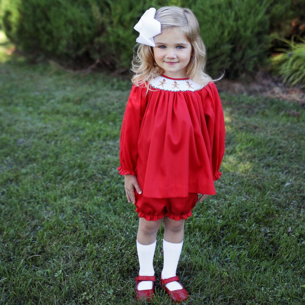 Smocked Gingerbread Men Bishop and Bloomer Set