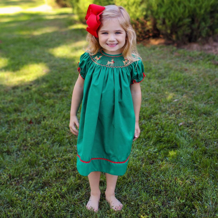 Girls Green Smocked Christmas Dress