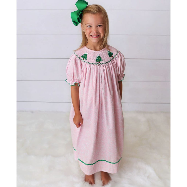 Girls Pink Smocked Christmas Dress