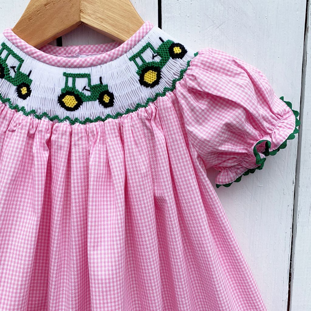 Smocked Tractor Bishop Dress