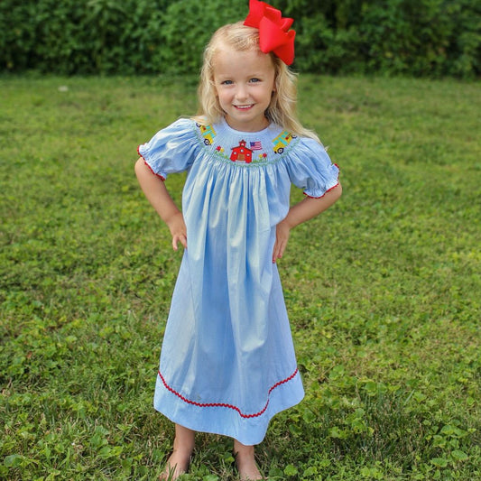 Smocked School Bus Bishop Dress