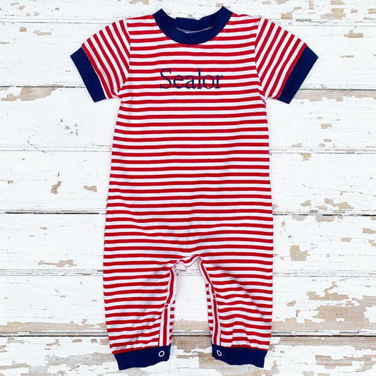 Boys Red Stripe Knit Romper